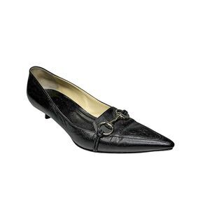 Gucci Horsebit Leather Pumps Black Kitten Heels Size 9 Silver Hardware Italy
